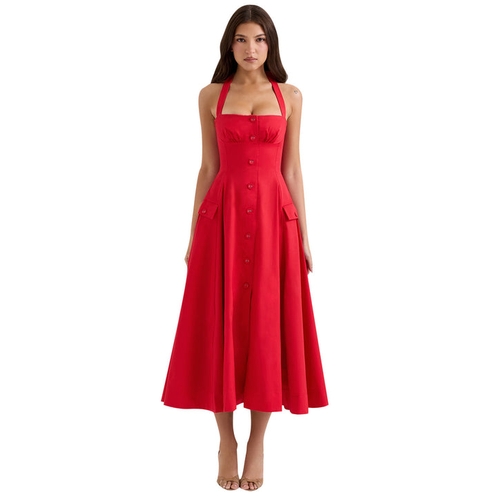 Lune London Buttoned Halter Neck Midi Dress