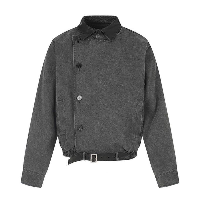 Men's Asymmetrical Canvas Bomber Jacket with Leather Straps and Stand Collar Amarae