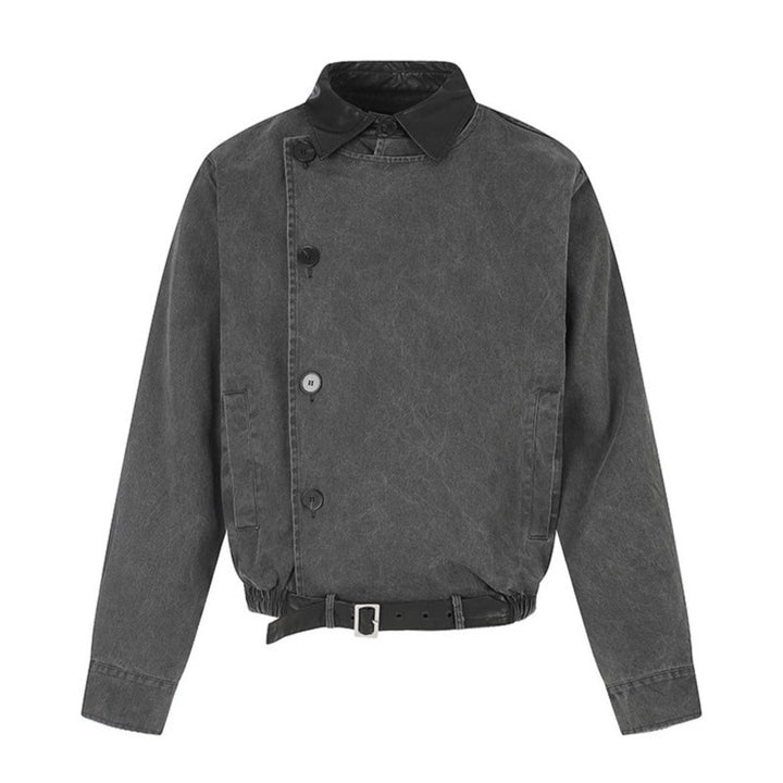 Men's Asymmetrical Canvas Bomber Jacket with Leather Straps and Stand Collar Amarae
