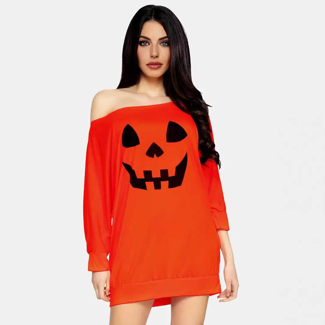 Women Oversize Off-Shoulder Knit Sweater with Halloween Pumpkin Motif Amarae