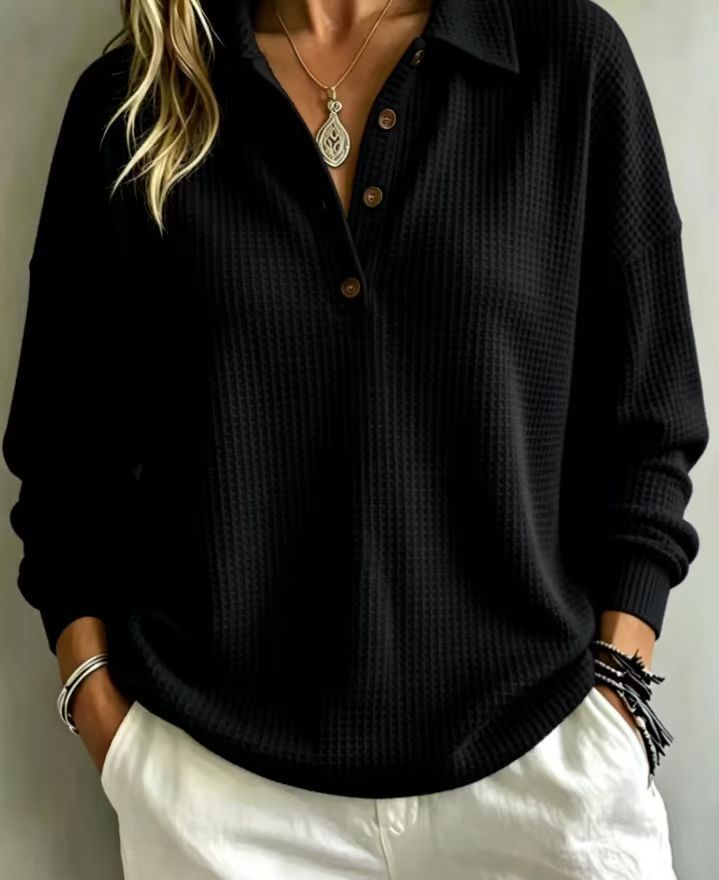 Ladies waffle knit polo with oversized fit, button placket and roll neck look Amarae