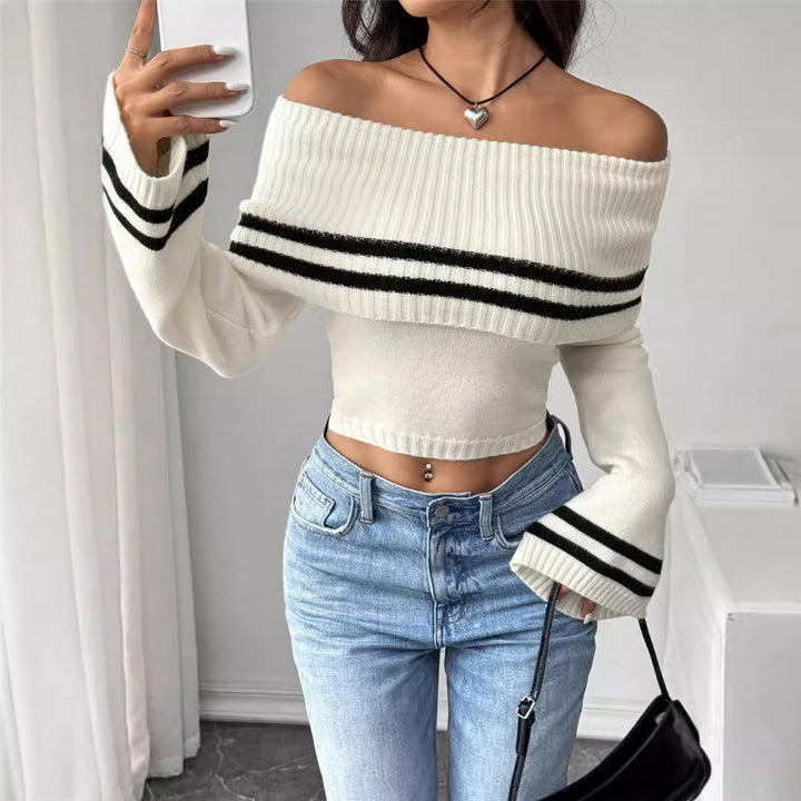 Ladies Off-Shoulder Crop Pullover with Casual Chic Stripes and Style