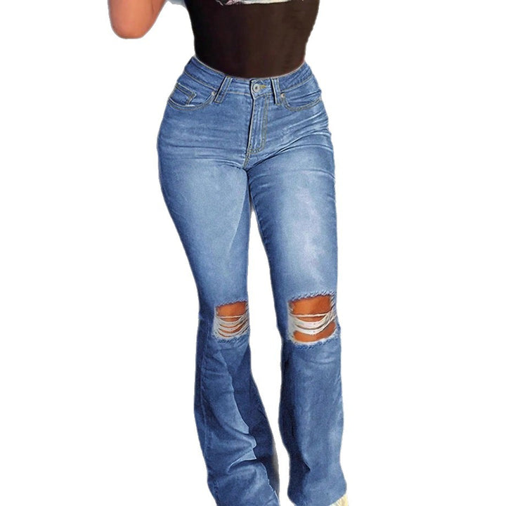 Ladies High-Waisted Flared Jeans in Retro Cut with Knee Rip and Extended Hem Amarae