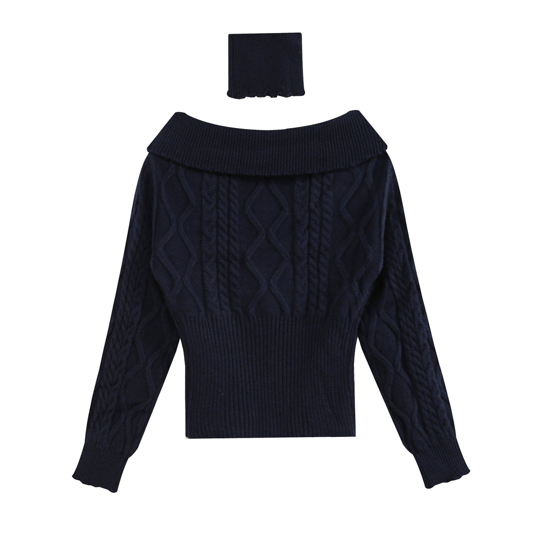 Women's Off-Shoulder Cable Knit Sweater with Wide Ribbed Cuff and Folded Collar Amarae