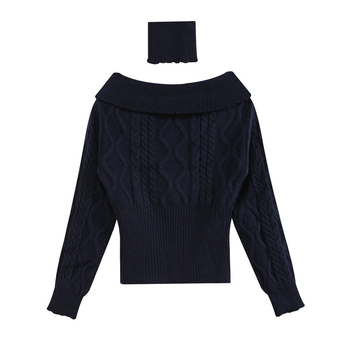 Women's Off-Shoulder Cable Knit Sweater with Wide Ribbed Cuff and Folded Collar Amarae