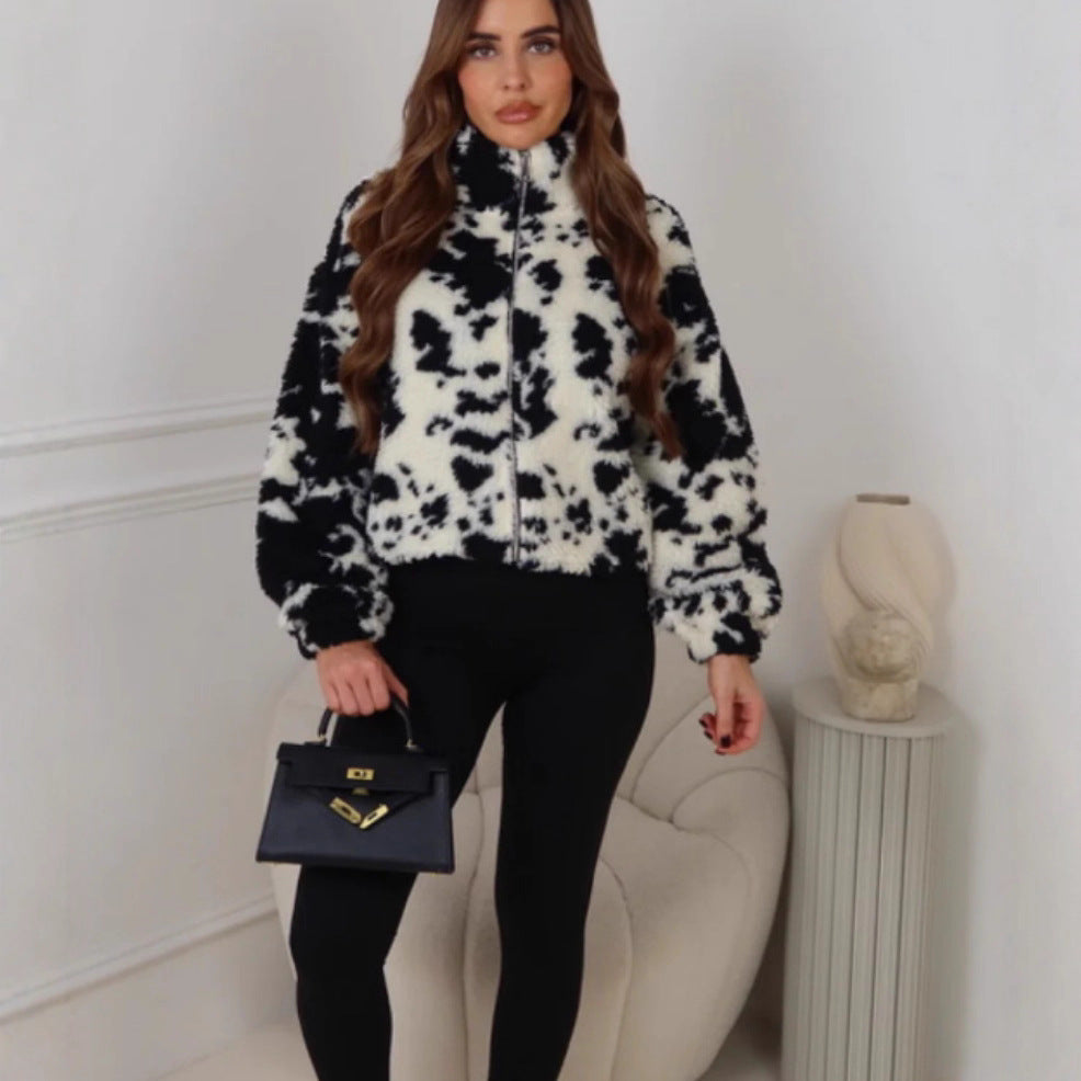 Dames Cozy Fleece Veste avec col haut et imprimé Dalmate tendance Chic & Stil