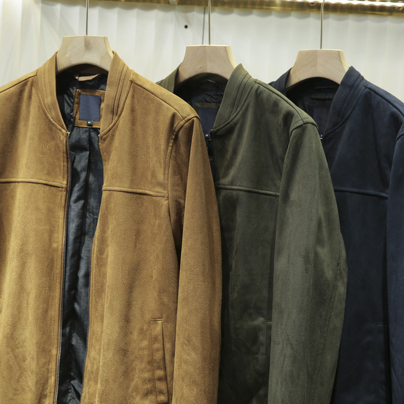 Men's leather bomber jacket with ribbed collar, concealed zipper, and side pockets Amarae