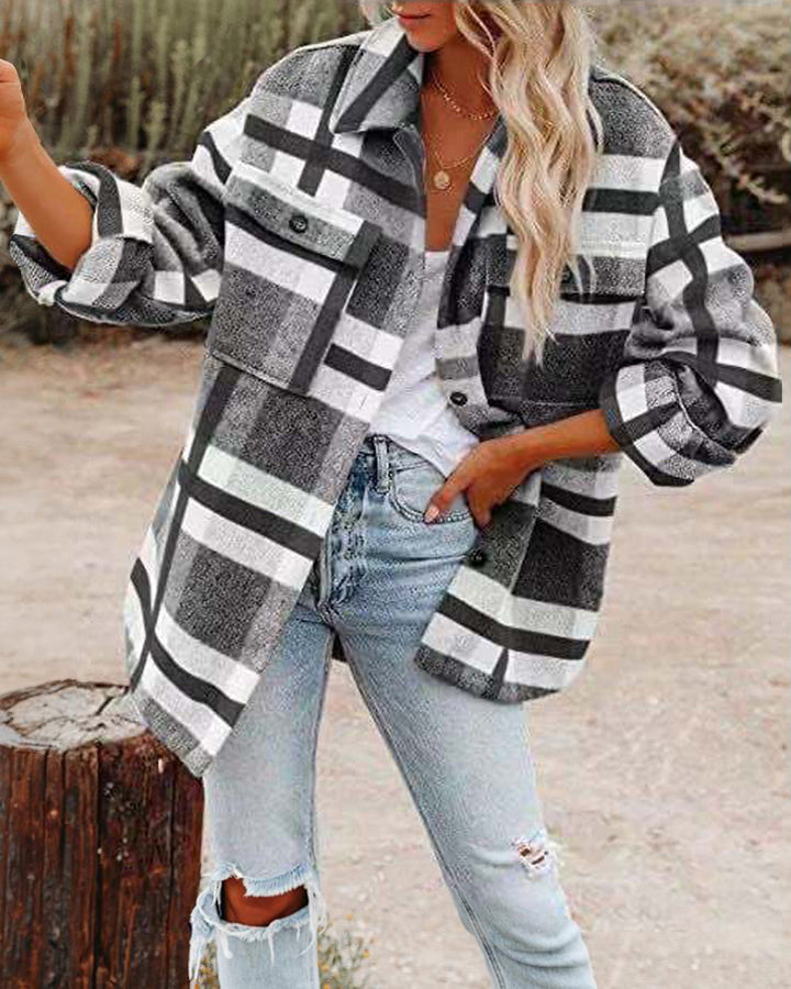 Oversized shirt jacket for women with check pattern and practical pockets Lune London