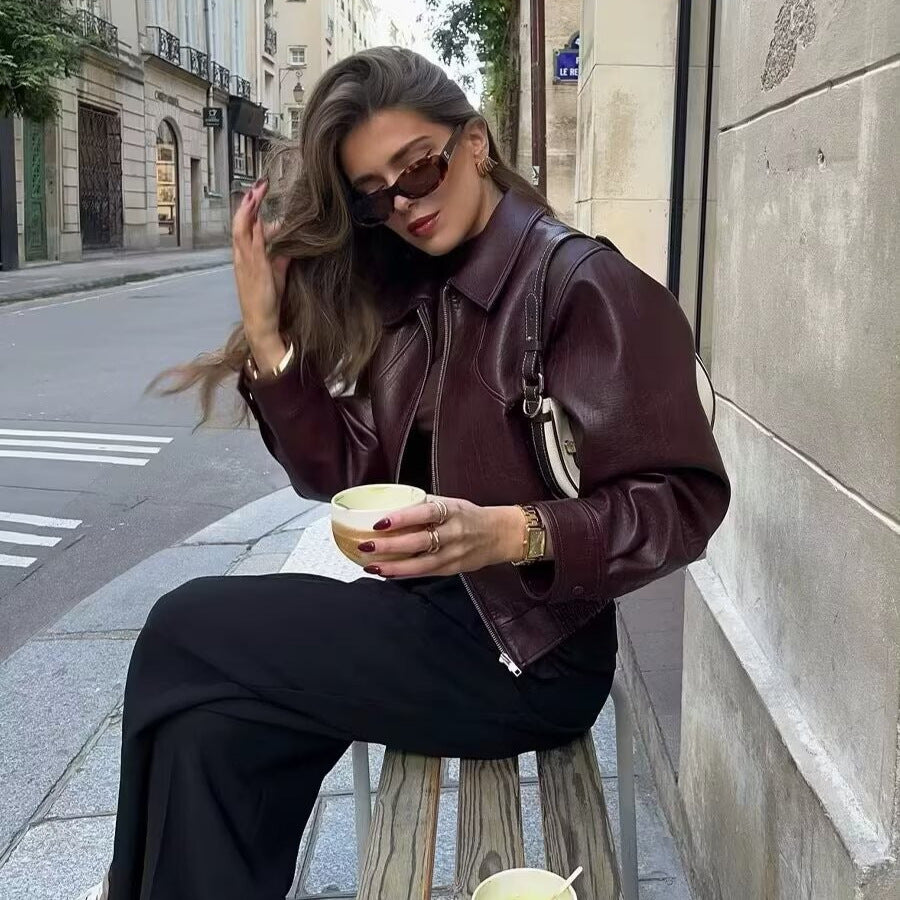 Women's Shiny Leather-Look Blouson Jacket with Shirt Collar, Zipper and Elastic Hem Amarae