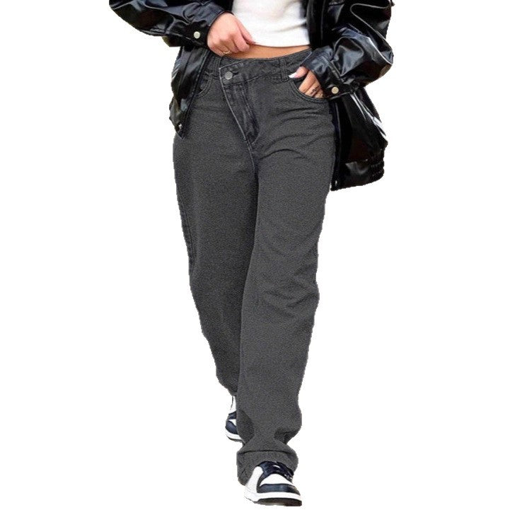 Women high-waisted loose-fitting jeans with wide legs and asymmetrical button placket Amarae