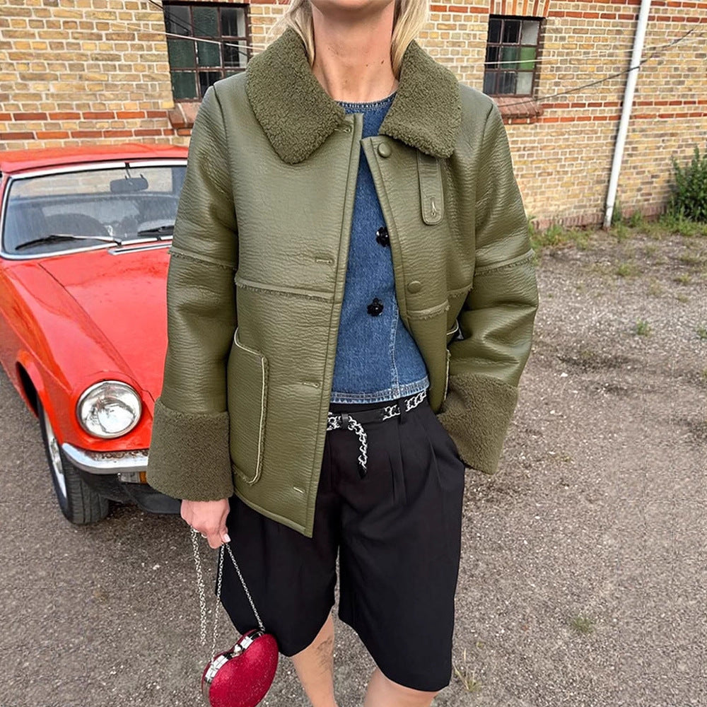 Ladies Short Aviator-Style Bomber Jacket with Teddy Lining and Boxy Silhouette Amarae
