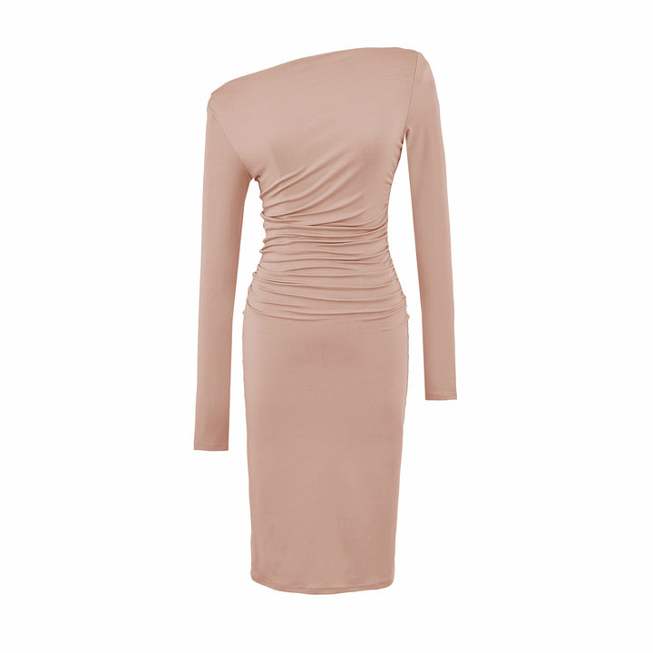 Women's Asymmetric One-Shoulder Midi Dress with Gathering and Long Sleeve Amarae