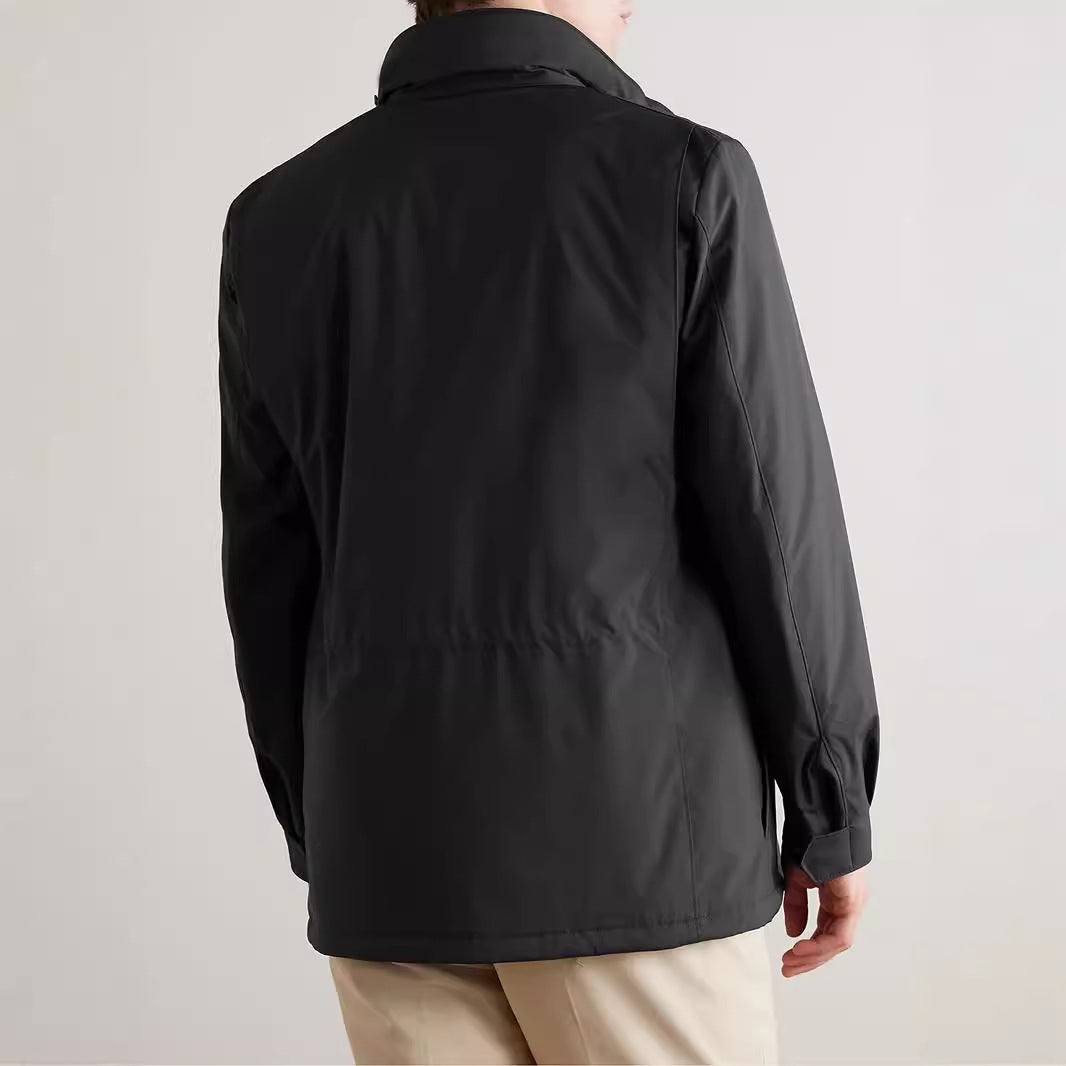 Practical transitional jacket for men with high collar and applied pockets Lune London