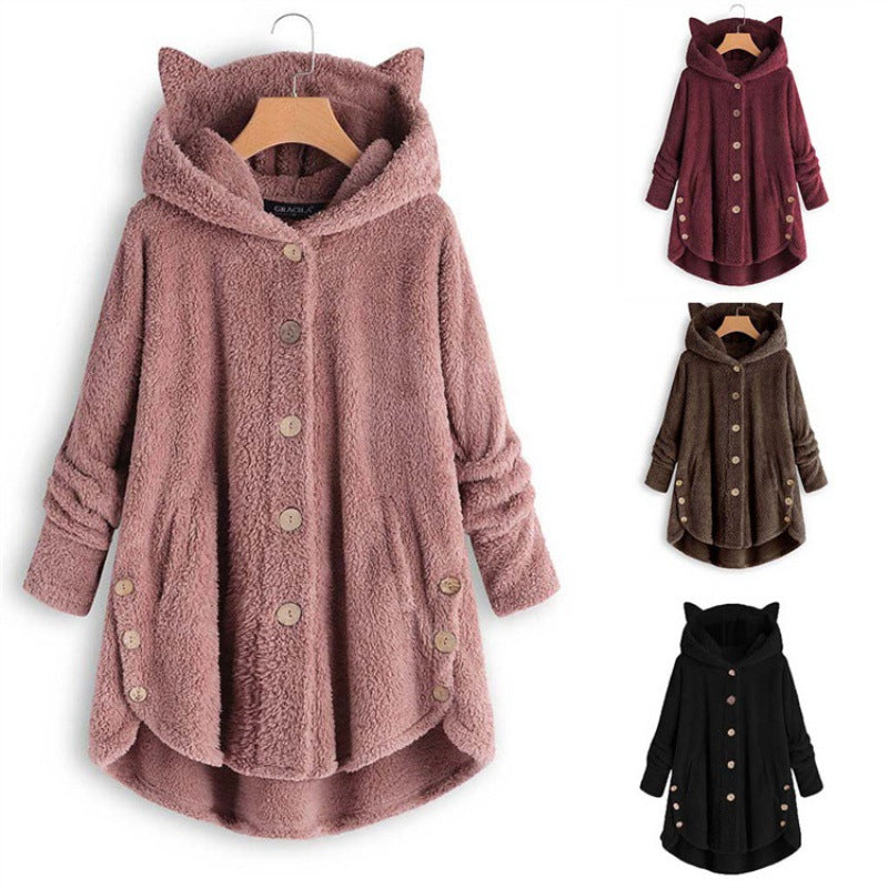 Women's Hooded Teddy Coat with Cat Ears, Button Placket and Asymmetrical Hem Amarae