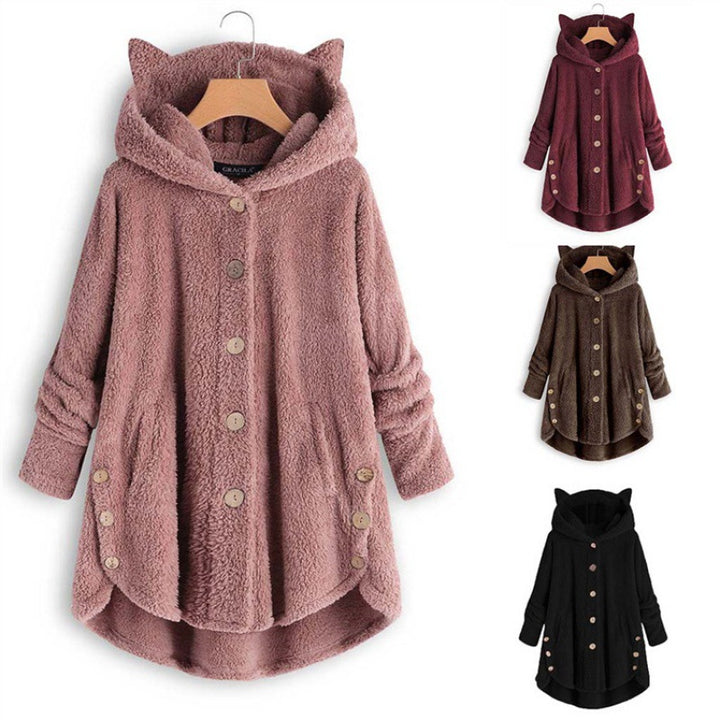 Women's Hooded Teddy Coat with Cat Ears, Button Placket and Asymmetrical Hem Amarae