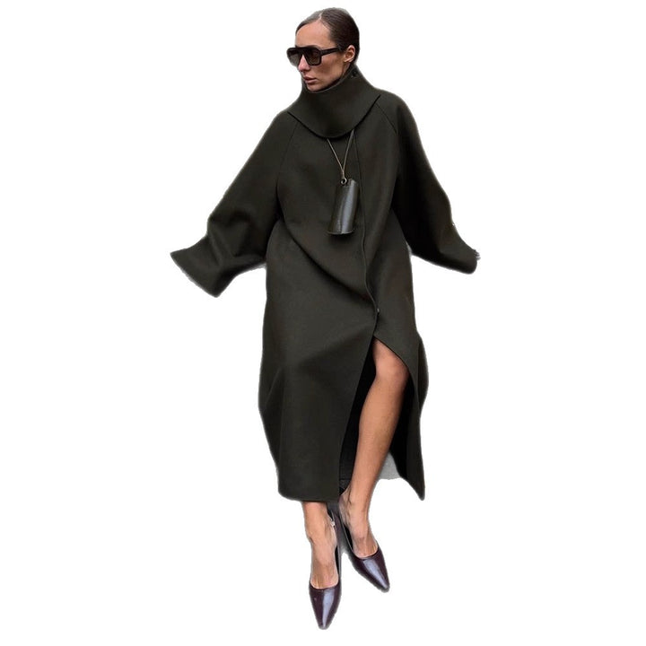 Ladies Maxilength Oversize Wool Blend Coat with Oversized Stand Collar and Balloon-like Sleeves Amarae