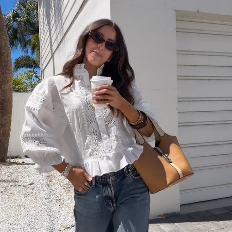 Ladies Broderie-Anglaise blouse with stand-up collar, ruffled hem and balloon sleeves Amarae