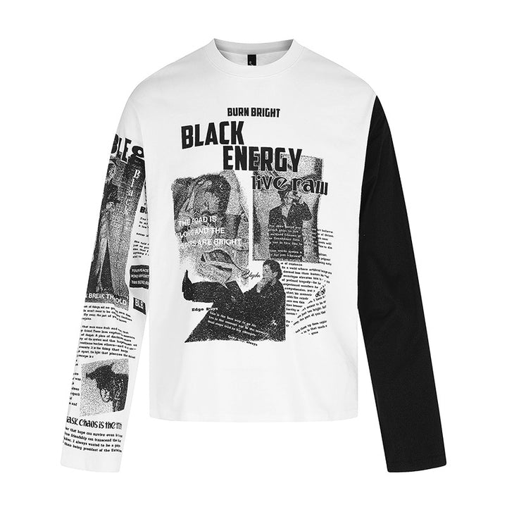 Men's Long Sleeve Shirt with Asymmetrical Contrast Sleeves and Photo Collage Print Amarae