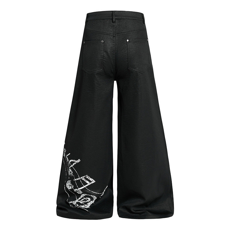 Women's wide high-cut palazzo pants with coated leather look, extra wide leg and statement print Amarae