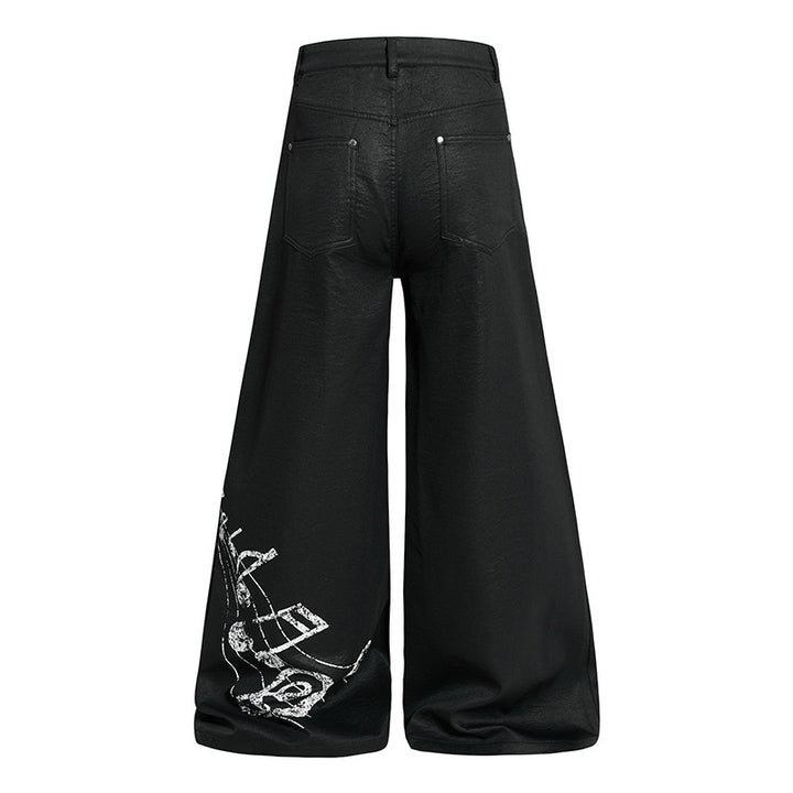 Women's wide high-cut palazzo pants with coated leather look, extra wide leg and statement print Amarae