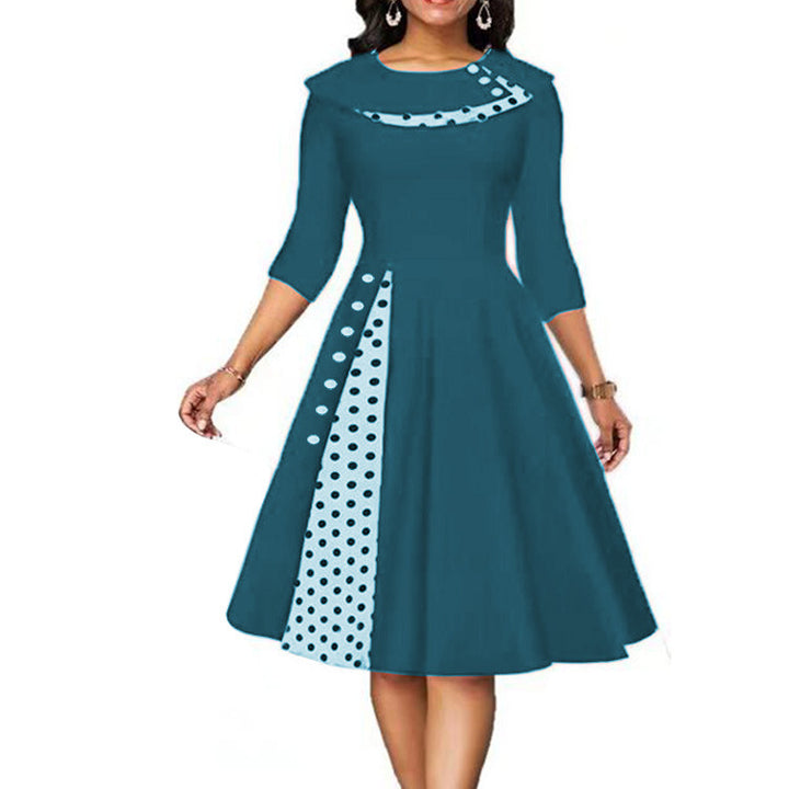 Elegant Woman Midi-Dress with Polka Dots and Chic Side Contrast Detail
