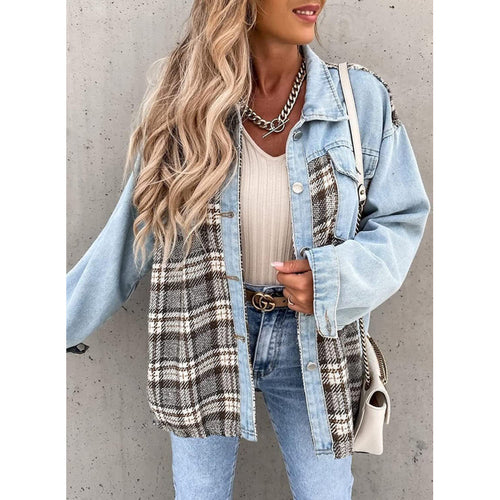 Tartan pattern denim jacket for women with a relaxed fit and modern details Amarae