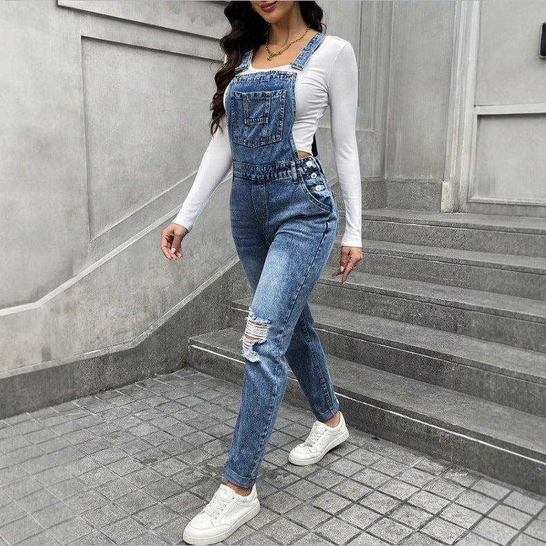 Women's denim dungarees with sculpting high waist, side decorative button plackets and ripped knee section Amarae