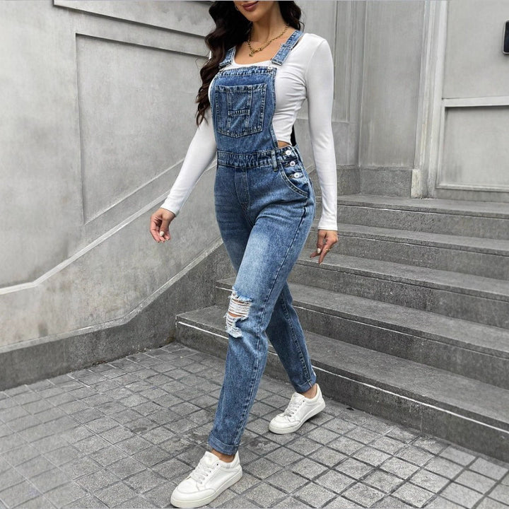 Women's denim dungarees with sculpting high waist, side decorative button plackets and ripped knee section Amarae
