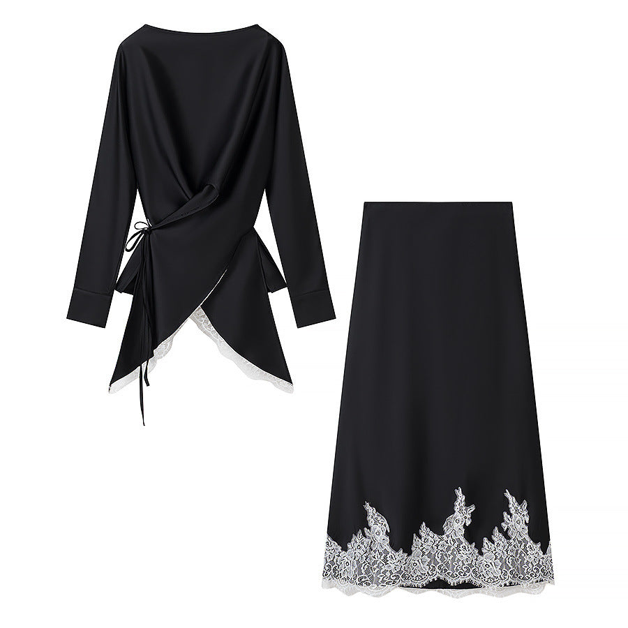 Women's Two-Piece Satin Set with Wrap Blouse and Midi Skirt with Lace Trim Amarae