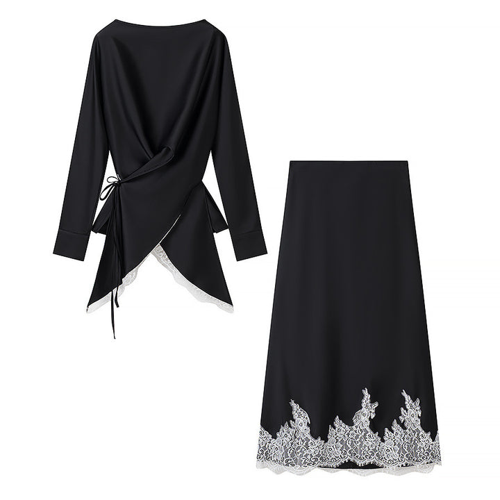 Women's Two-Piece Satin Set with Wrap Blouse and Midi Skirt with Lace Trim Amarae
