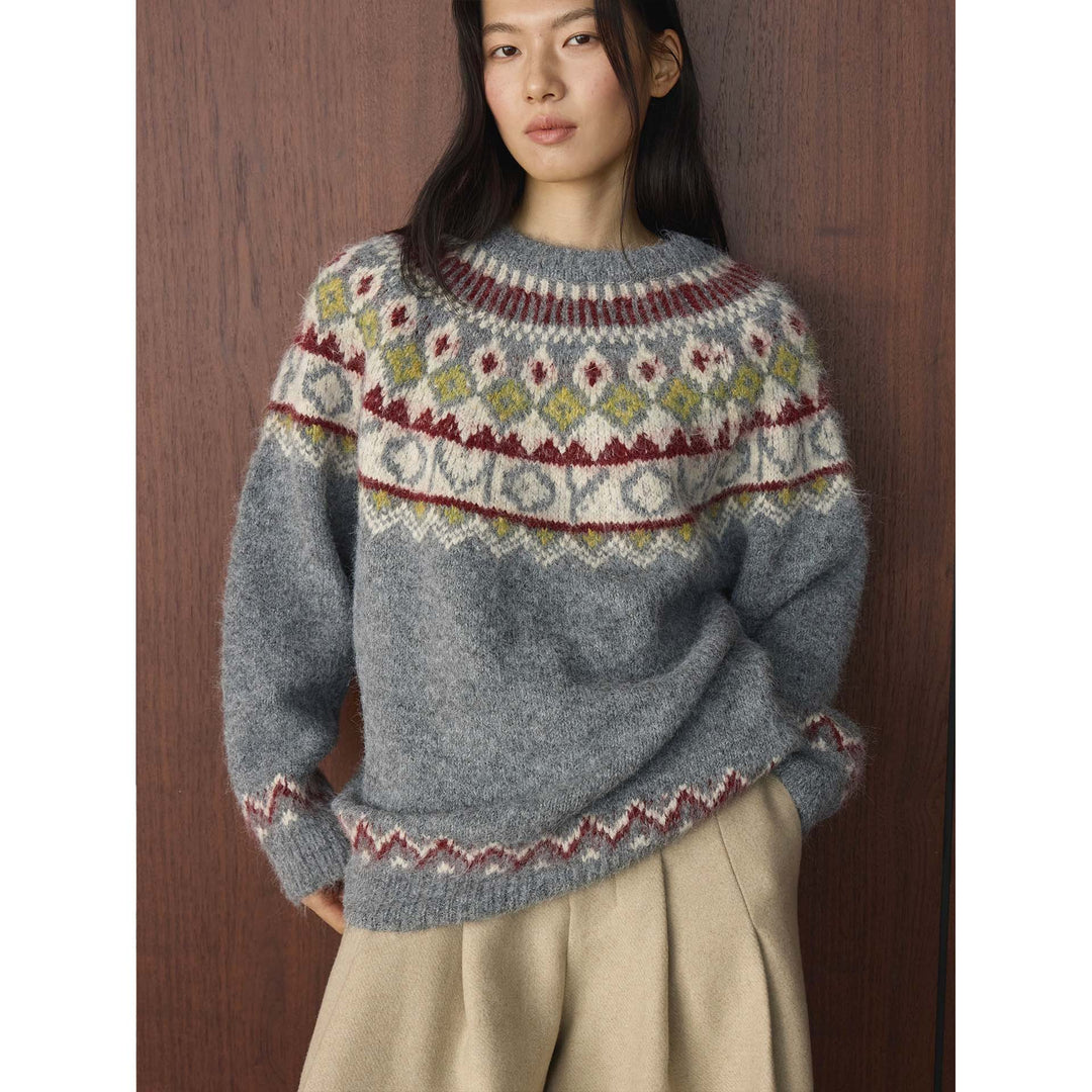 Women's chunky knit crew neck sweater with Norwegian jacquard and mohair mix Amarae