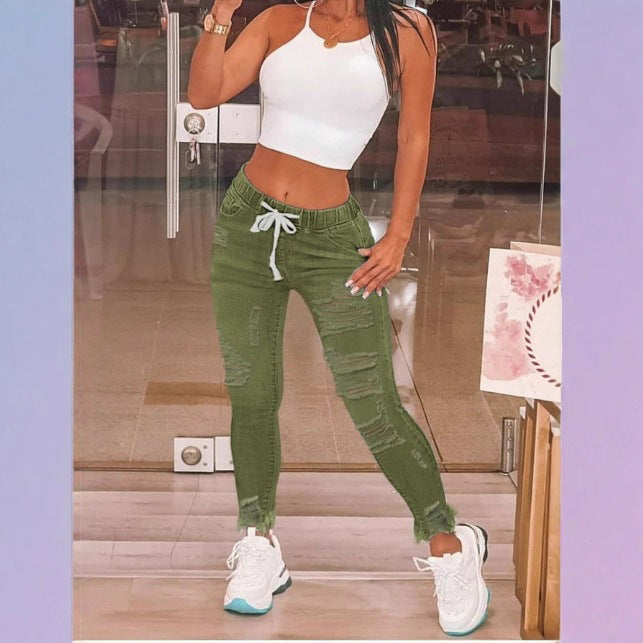 Women's waist-accentuated denim joggers with drawstring, ripped details & sculpting effect Amarae