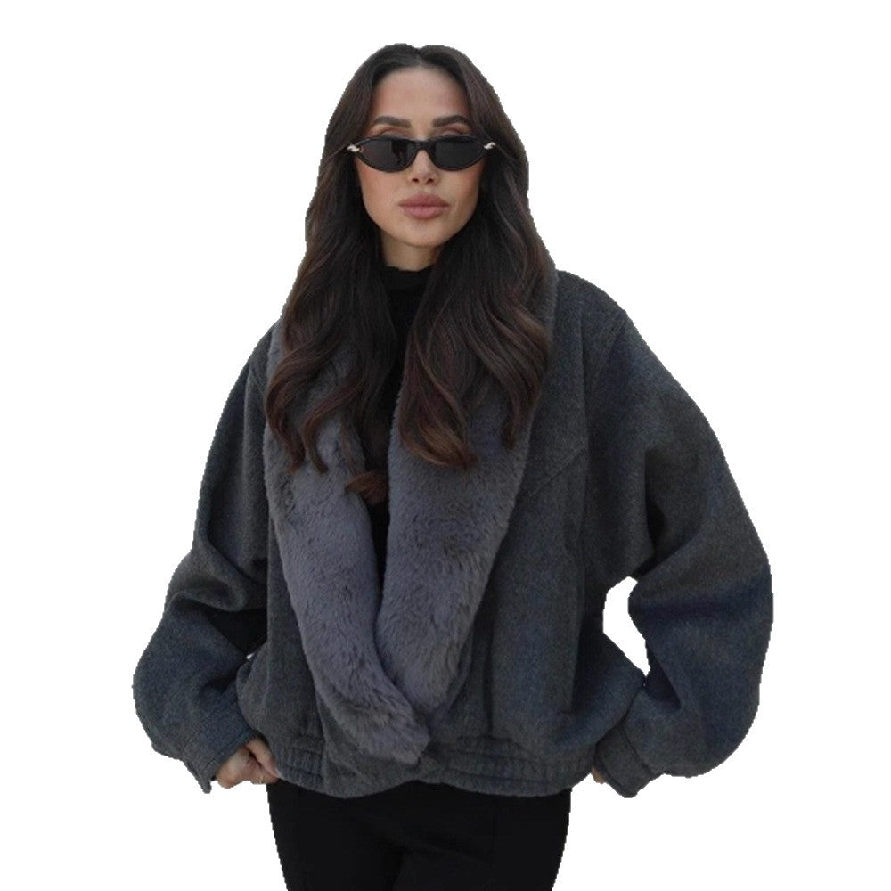 Women’s short jacket with voluminous faux fur shawl collar and elastic hem Amarae