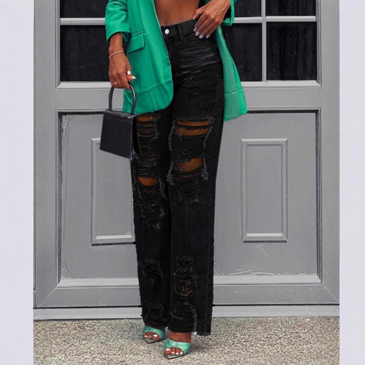 Ladies high-waisted destroyed jeans with wide legs and large knee rips Amarae