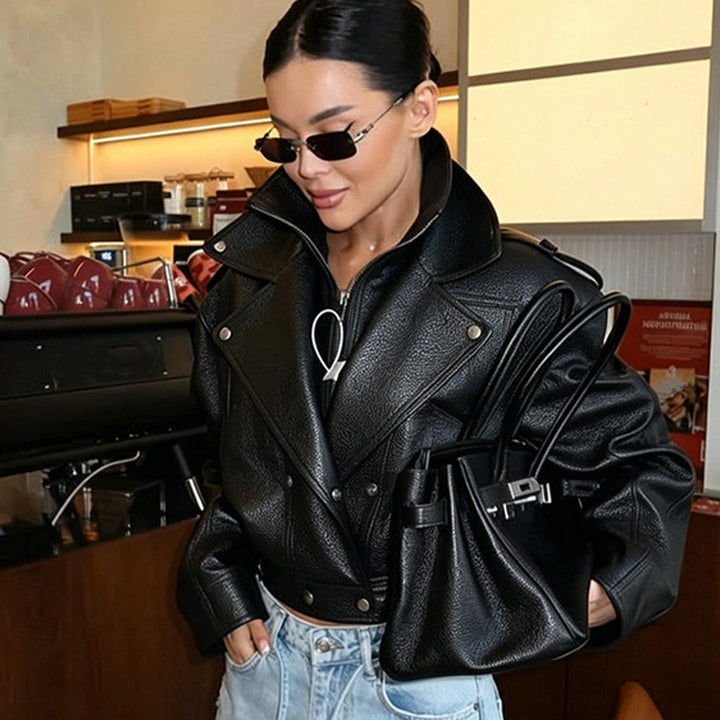 Women's Short-Cut Structured Biker Jacket Made of Faux Leather Amarae