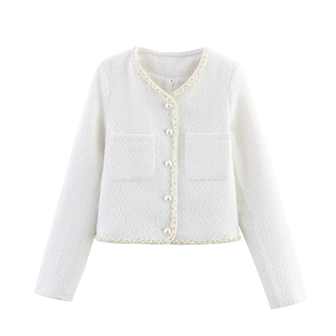 Elegant short-sleeve women's jacket with pearl-adorned buttons and patch pockets Lune London