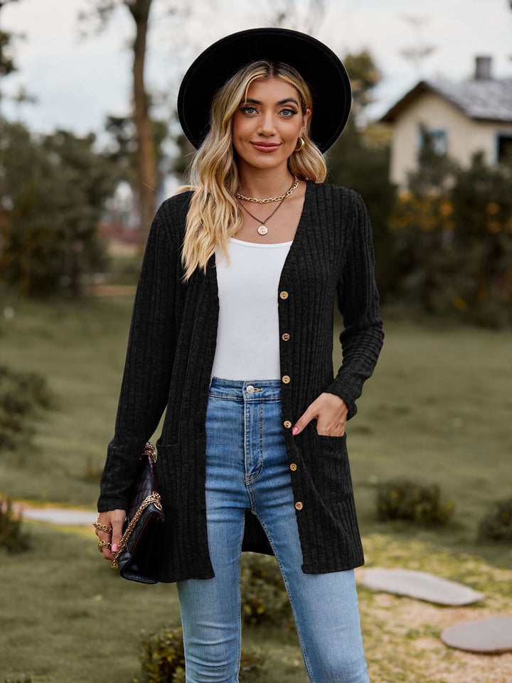 Knitted jacket for women with button placket and pockets Lune London