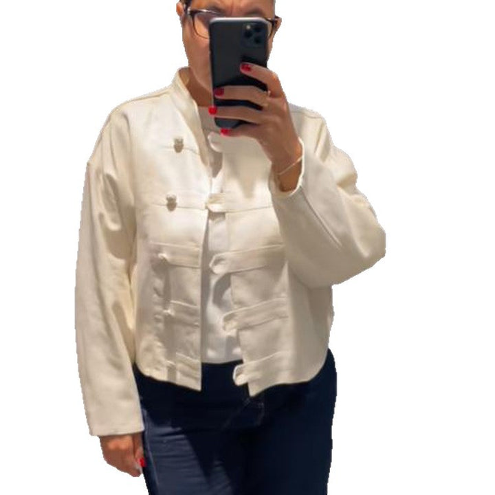 Women's Cropped Boxy Jacket with Chinese Stand Collar and Decorative Button Placket Amarae