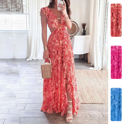 Robe maxi longue pour femmes avec design élégant à découpes et encolure à volants Chic & Stil