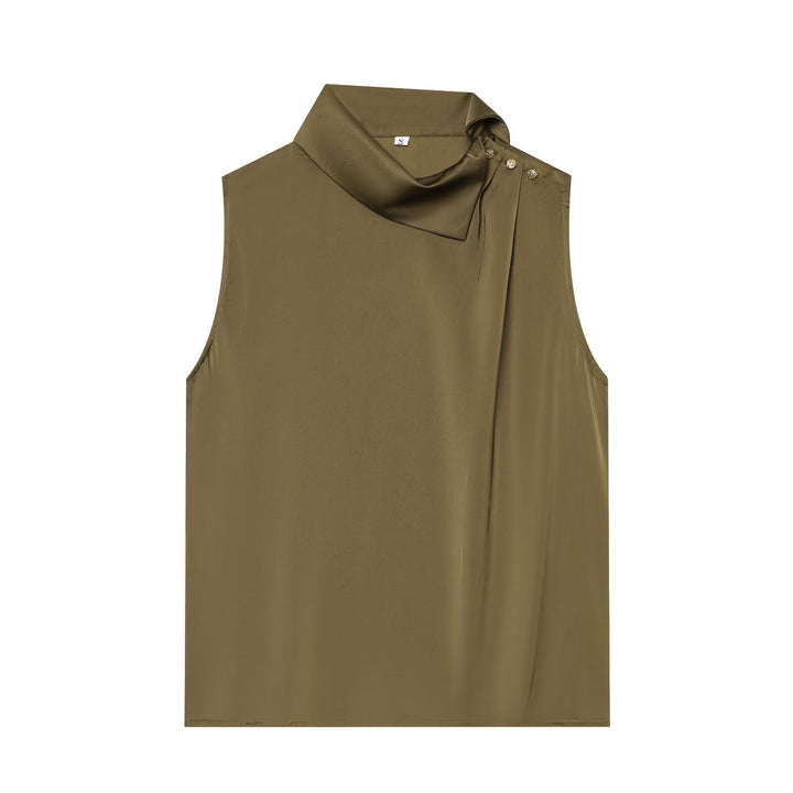 Women's Sleeveless Satin Blouse with Draped Stand Collar and Decorative Button Placket Amarae