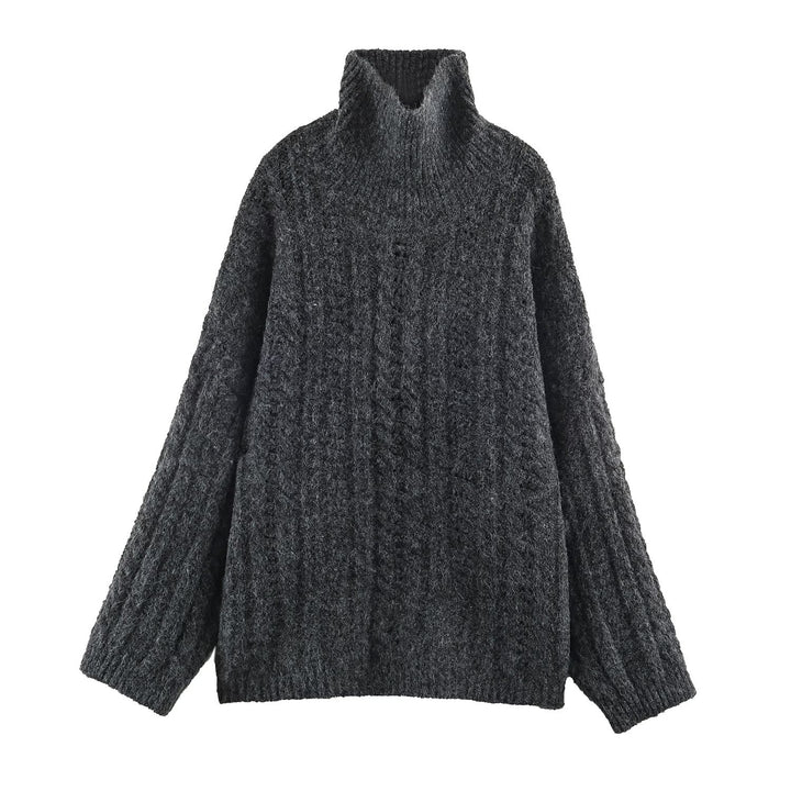 Women's Chunky Knit Oversized Sweater with High Turtleneck and Cable Pattern Amarae