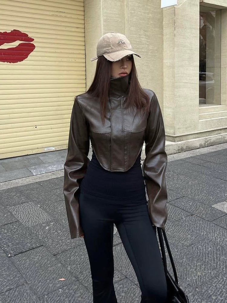 Women Cropped Faux Leather Corset Jacket with High Standing Collar and Extended Sleeves Amarae