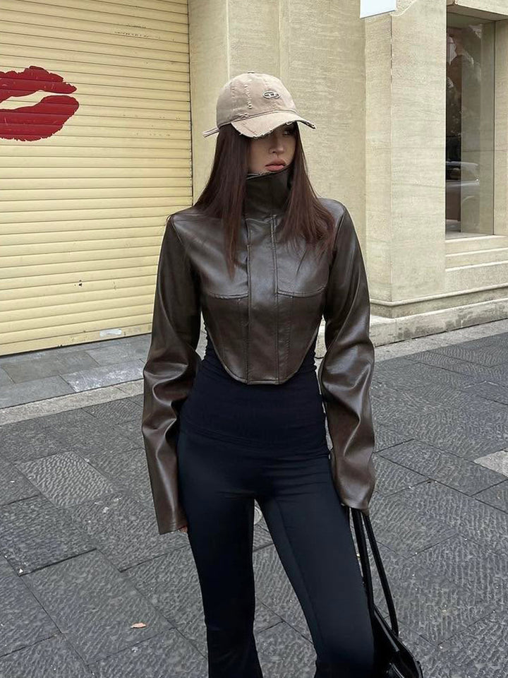 Women Cropped Faux Leather Corset Jacket with High Standing Collar and Extended Sleeves Amarae