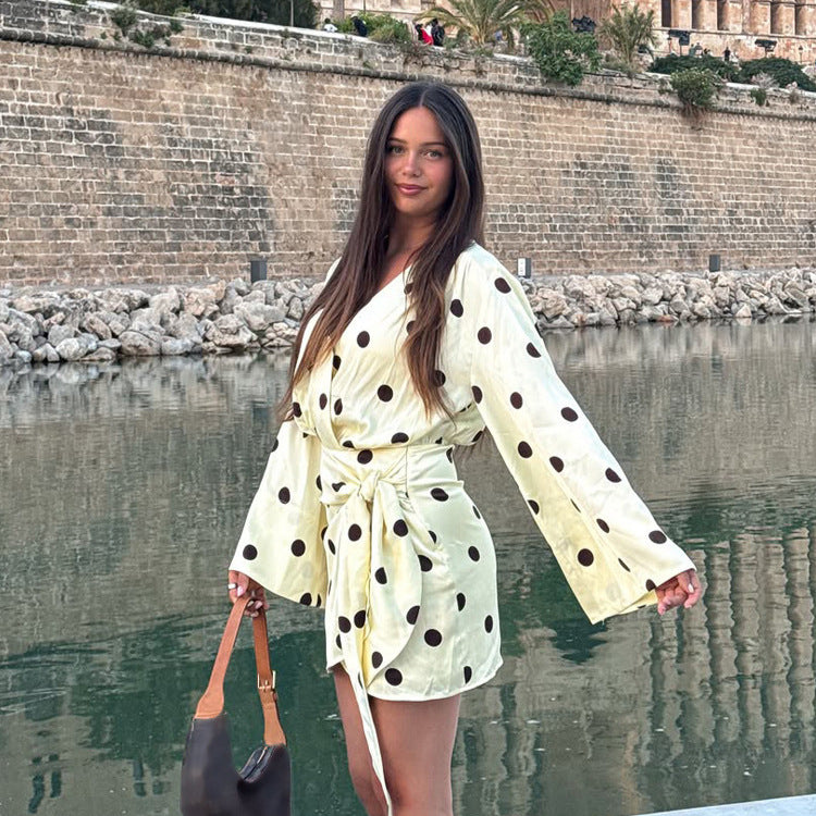 Ladies wrap mini dress with V-neck, bell sleeves and polka dot print Amarae