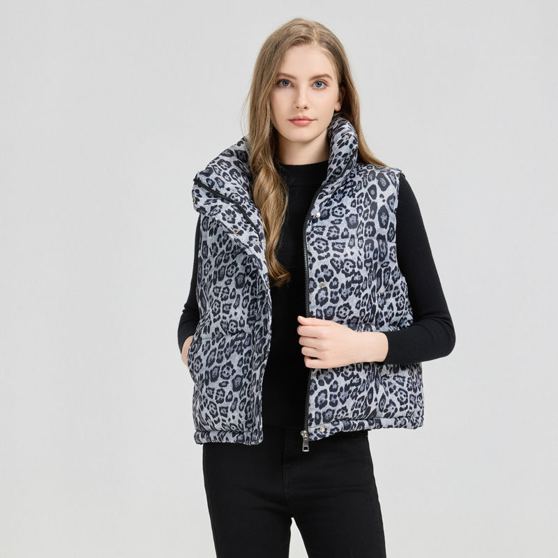 Lady Padded Gilet with Leopard Print and High Collar Lune London
