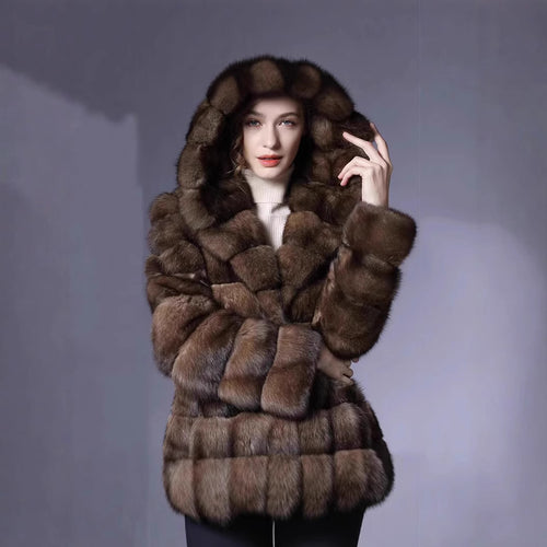 Ladies Luxurious Faux Fur Coat with Trendy Patchwork Design Amarae