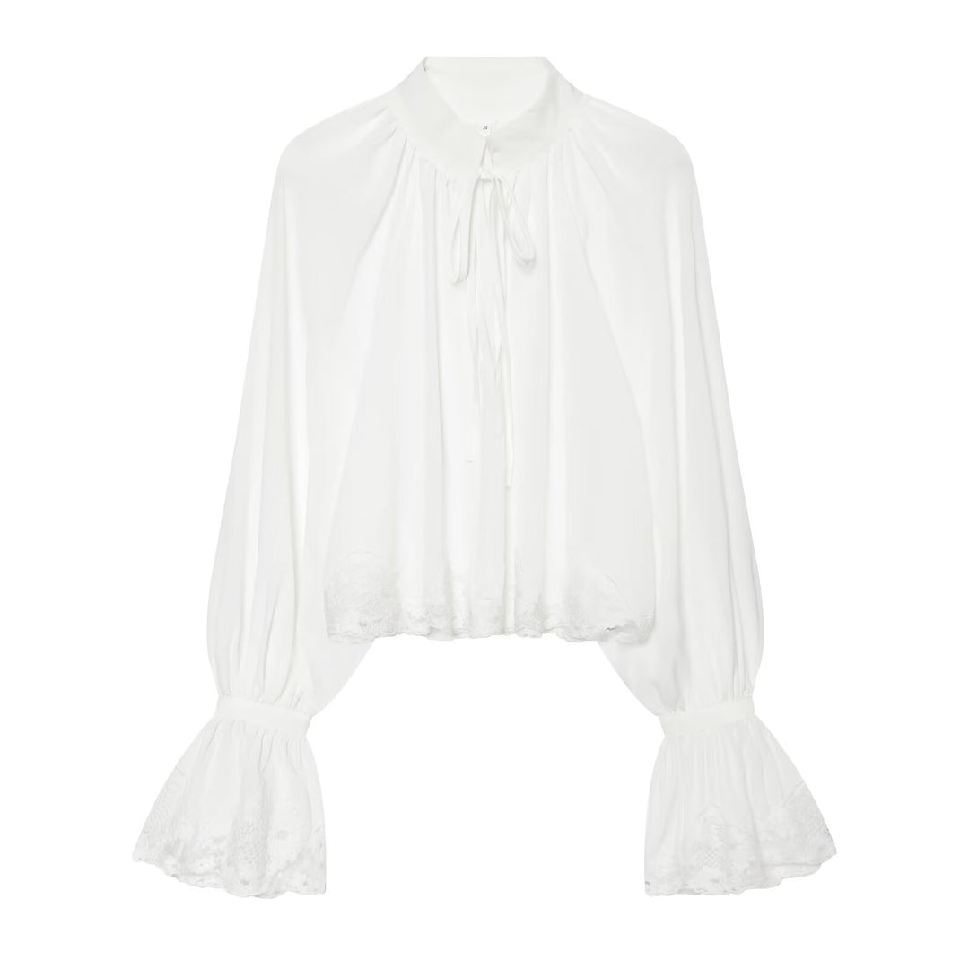 Women's Transparent Blouse with Stand Collar, Ruffle Sleeves and Lace Trim Amarae