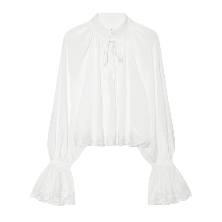 Women's Transparent Blouse with Stand Collar, Ruffle Sleeves and Lace Trim Amarae