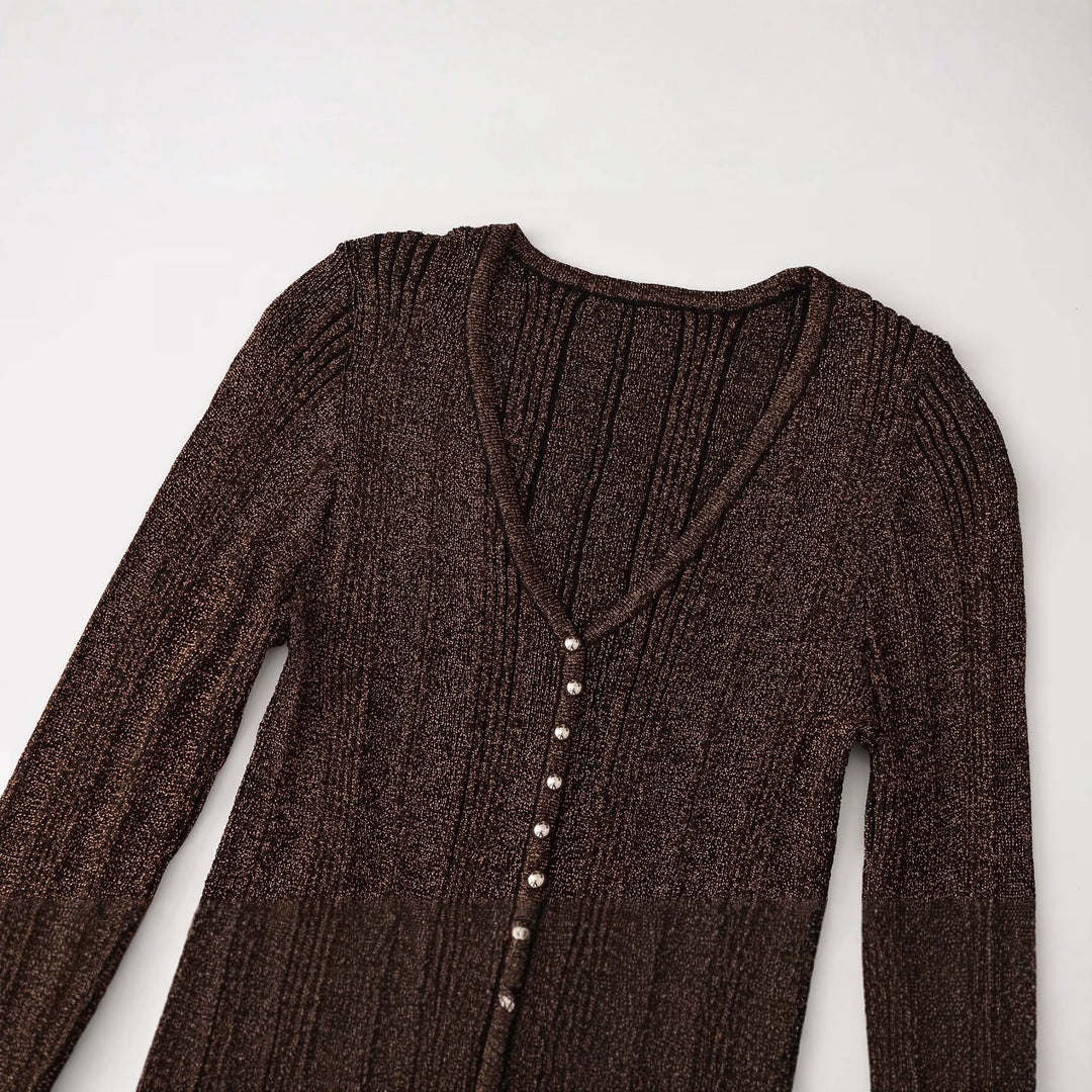 Women's figure-hugging ribbed fine knit cardigan with V-neck, shiny thread and decorative button strip Amarae