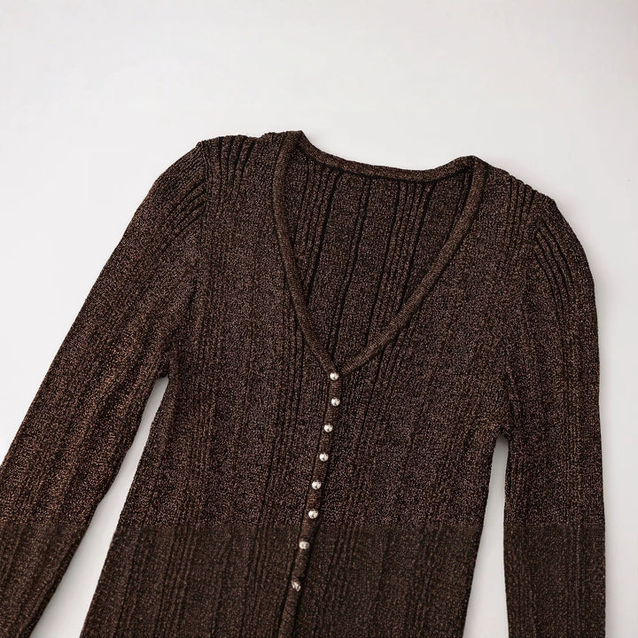 Women's figure-hugging ribbed fine knit cardigan with V-neck, shiny thread and decorative button strip Amarae